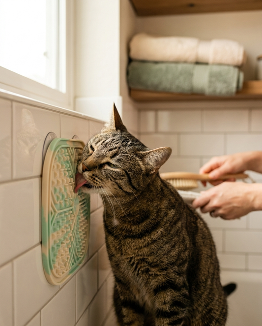 The PurrComfort Calm-Down Lick Mat — silicone cat lick mat with suction base